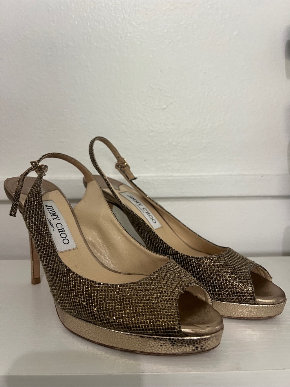 Jimmy Choo Nova Champagne Metallic Gold Peep-Toe Slingback Platform Heels 38